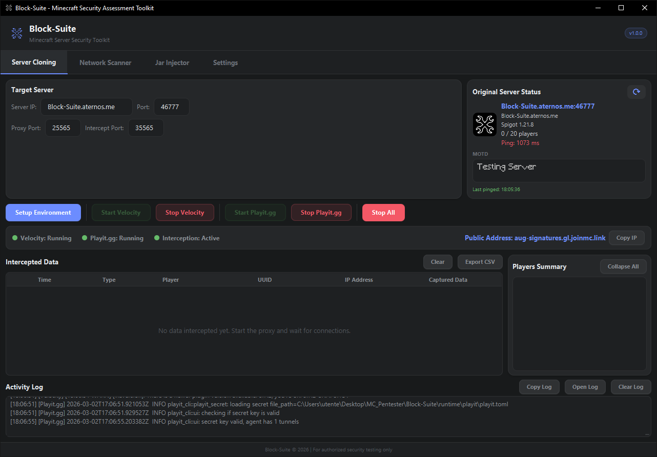 Block-Suite with all 3 status dots green and public address visible in the status bar