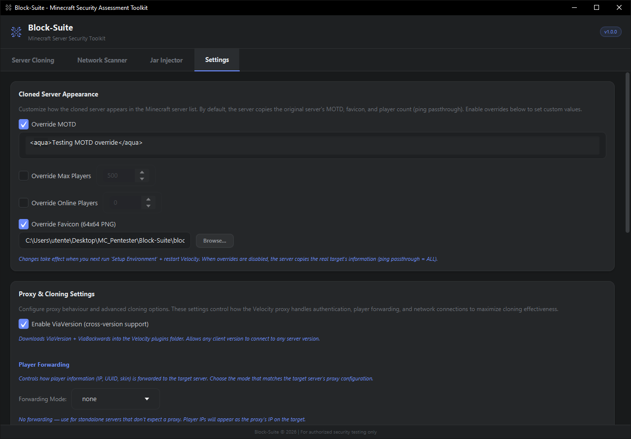 Settings tab — Proxy & Cloning Settings section showing forwarding mode, authentication checkboxes, and network settings