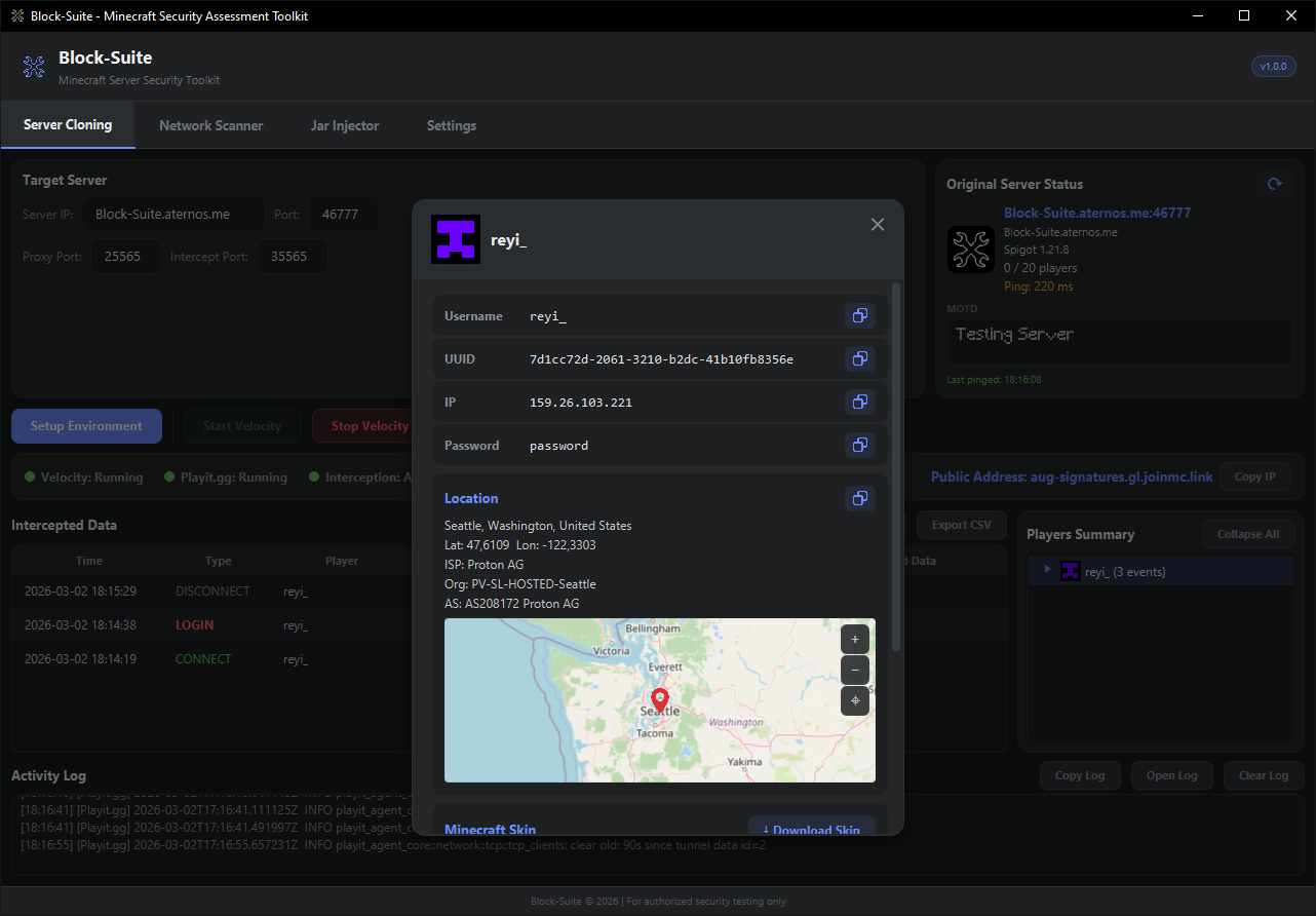Player More Info overlay showing geolocation map, skin, and copied data.