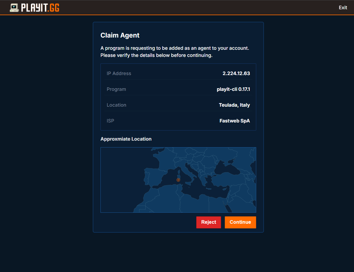 Playit.gg website — claim agent confirmation page in the browser