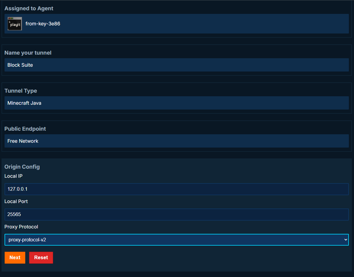 Playit.gg dashboard — Tunnel origin configuration showing Local IP (127.0.0.1), Local Port (25565), and Proxy Protocol dropdown